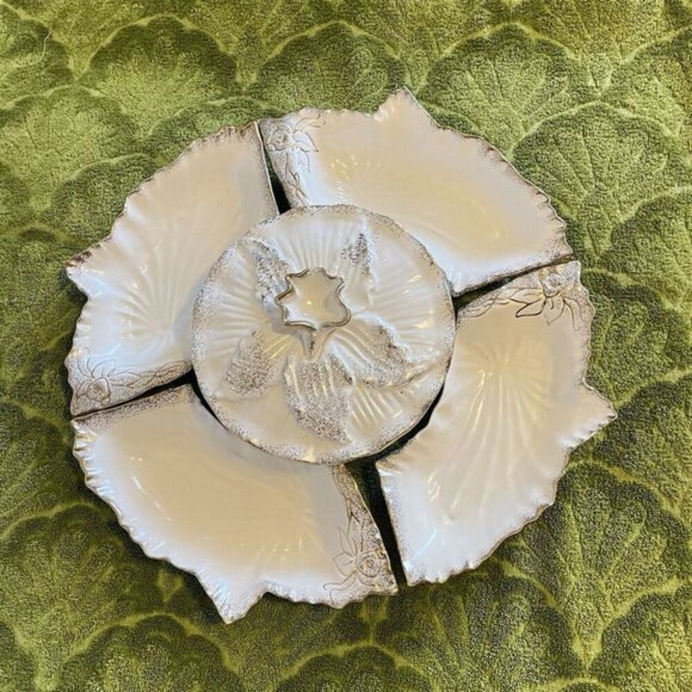 Calfornia Pottery Lazy Susan Serving Dish relish Condiment Bowl Gold White MCM
